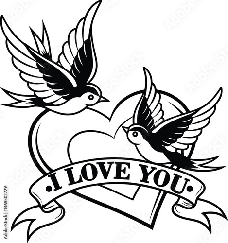 Tattoo Style Birds and Heart with 'I Love You' Banner
