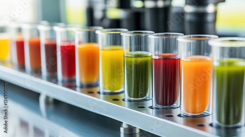 Laboratory test tubes containing various food samples for analysis, showcasing scientific research and quality control in food safety and nutrition studies.