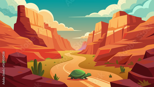 A peaceful hike through the canyons reveals a stunning landscape while learning about efforts to protect endangered desert tortoises.. Vector illustration