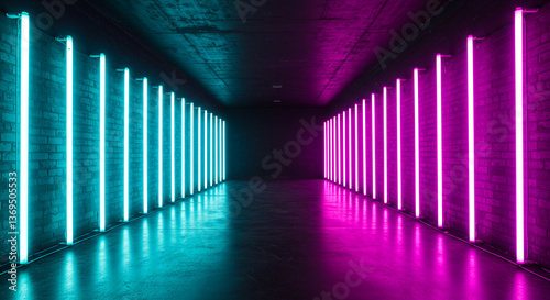 The most prominent features are the vertical neon lights, arranged in two distinct groups.