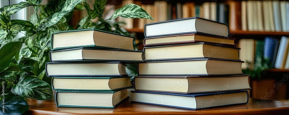 Obraz premium Books stacked by size and color on wooden shelf, cozy room, Watercolor style