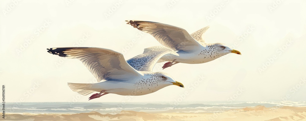 Obraz premium Seagulls flying in layered volume, coastal atmosphere, Watercolor style