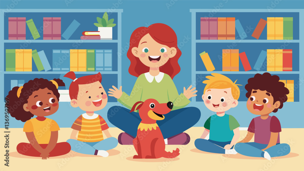 A group of children sitting crosslegged on the floor of a library laughing and clapping as they watch a librarian perform a puppet show.. Vector illustration A group of children sitting crosslegged on the floor of a library laughing and clapping as they watch a librarian perform a puppet show.. Vector illustration