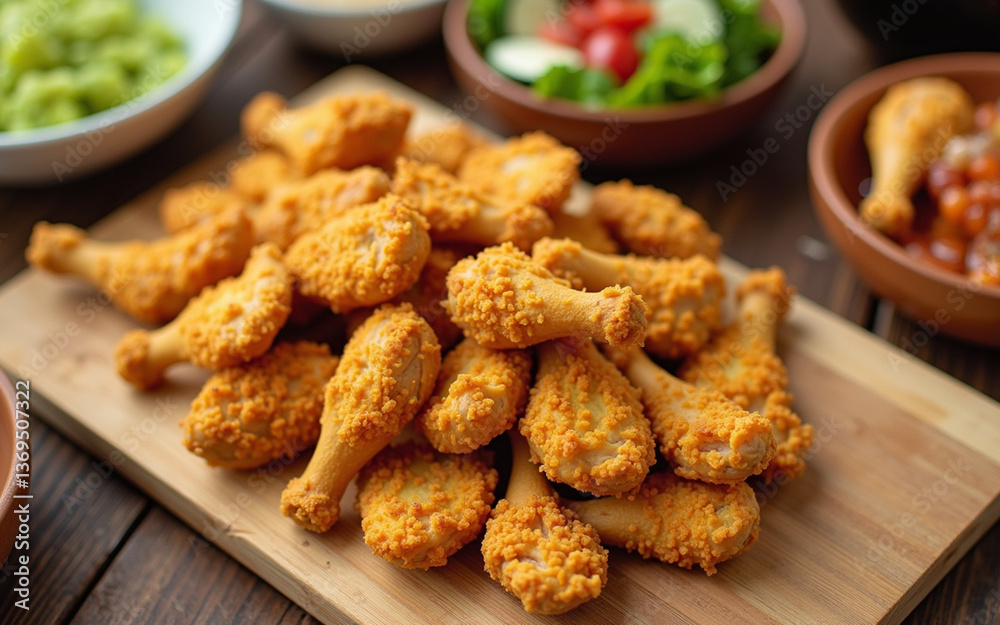 Wooden cutting board with a serving of fried chicken wings on it. The wings are golden brown and appear to be crispy on the outside. Wooden cutting board with a serving of fried chicken wings on it. The wings are golden brown and appear to be crispy on the outside.