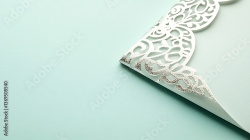 White Laser Cut Greeting Card Lies Against Blue Green Background