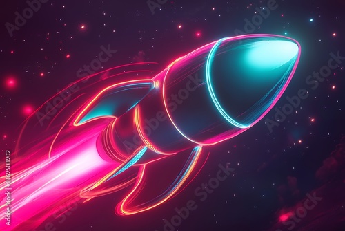 Futuristic neon rocket launching into space with vibrant colors and stars