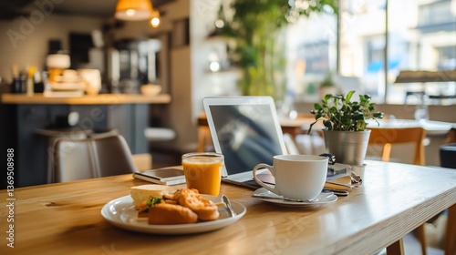 Wallpaper Mural Serene workspace with a coffee and a snack in a cozy cafe environment Torontodigital.ca