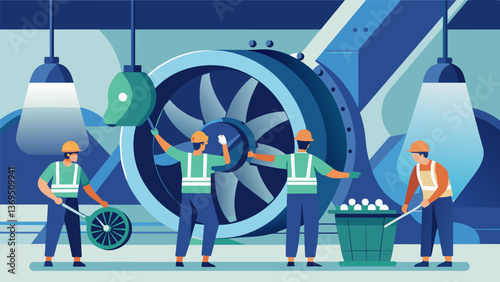 A team of technicians conducting routine maintenance on the massive turbines used in the hydroelectric plant.. Vector illustration