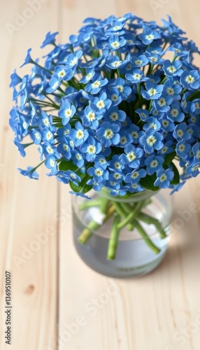 Close-up of blue forget-me-nots in a vase on a light wooden surface, serene, calm