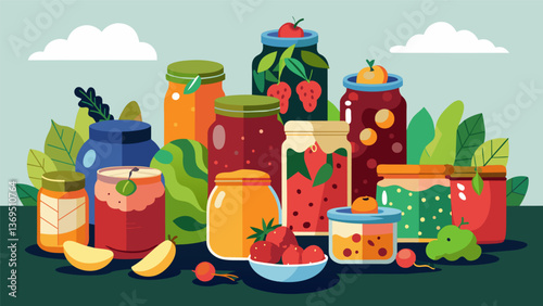 A table overflowing with homemade jams pickles and preserves each jar lovingly made with locally sourced produce.. Vector illustration