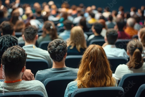 A crowd of people attentively watching a presentation or event in an auditorium  showcasing diverse hairstyles and clothing styles.