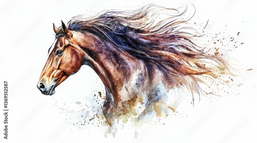 Obraz premium A beautiful watercolor painting of a horse's head, showcasing flowing mane and dynamic colors, capturing the essence and grace of the animal.