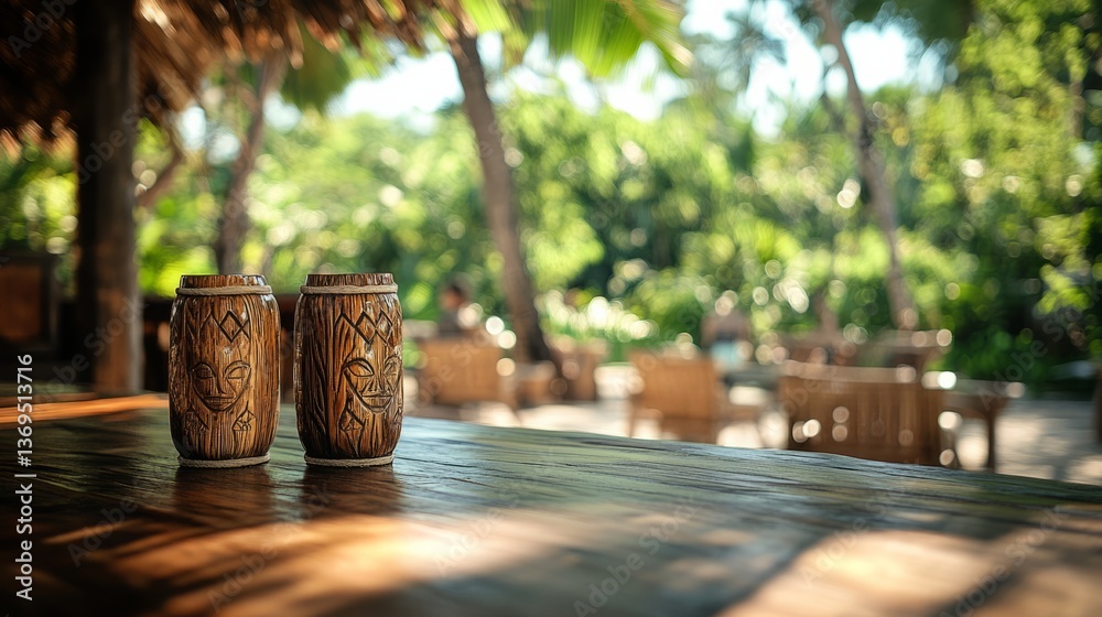 Clean wooden countertop, tiki bar slightly blurred in the background with bamboo accents and vibrant decor, sunny tropical day Clean wooden countertop, tiki bar slightly blurred in the background with bamboo accents and vibrant decor, sunny tropical day