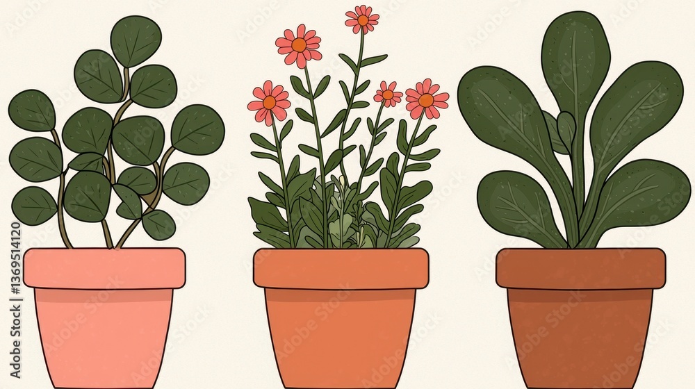Obraz premium Three Potted Plants Illustration Round, Flower, Large Leaf in Terracotta Pots