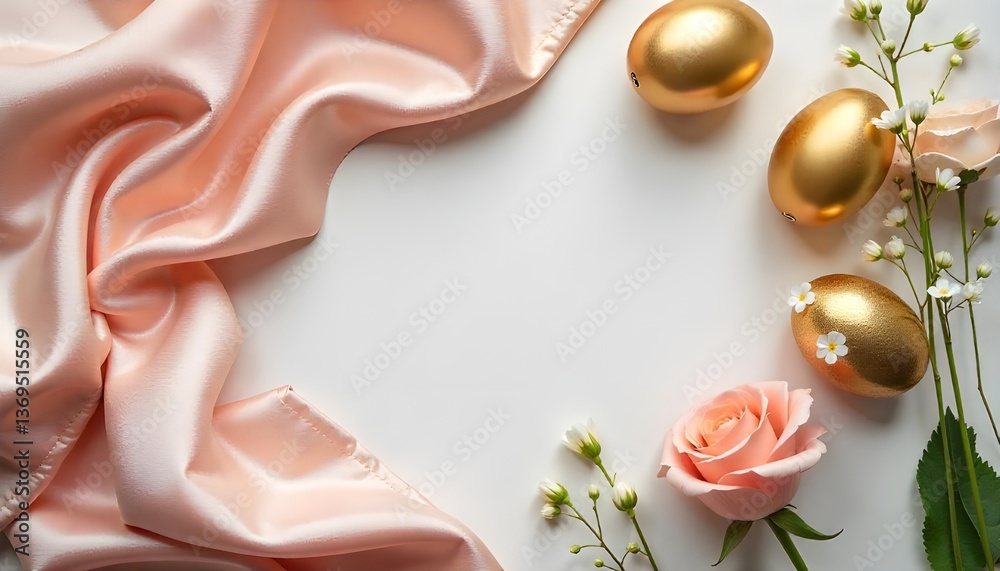 Luxury Easter flat lay with silk fabric, golden eggs, and delicate florals Luxury Easter flat lay with silk fabric, golden eggs, and delicate florals