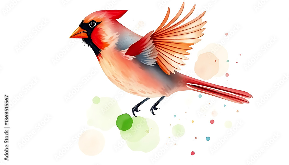 Obraz premium A vibrant watercolor painting of a Northern Cardinal bird in flight, with splashes of color and soft pastel background