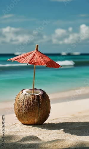 Wallpaper Mural A refreshing coconut drink with a red umbrella on a sandy beach with turquoise waves Torontodigital.ca