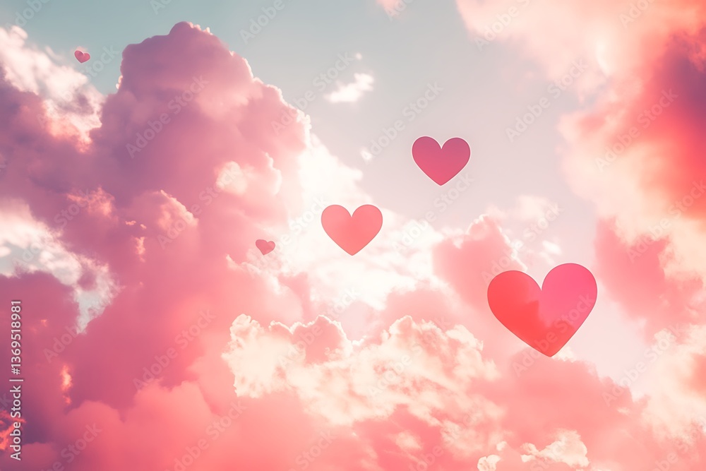 Pink clouds and hearts floating in the sky creating a romantic and dreamy atmosphere for love Pink clouds and hearts floating in the sky creating a romantic and dreamy atmosphere for love