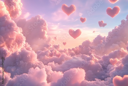 Dreamy pink heart clouds floating in a pastel sky, a love fantasy background image