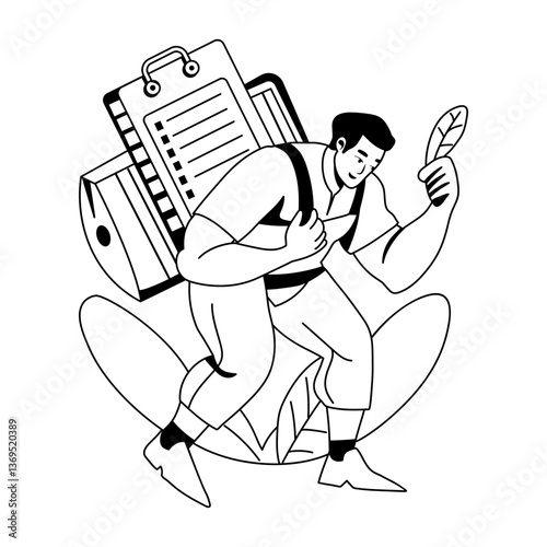 A glyph illustration of a man holding a task list burden 
