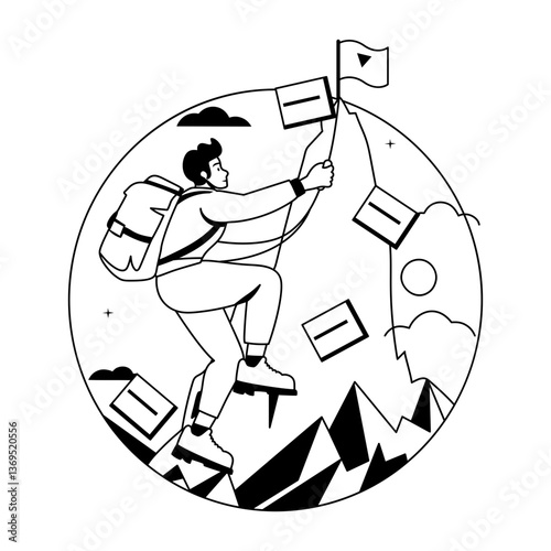 Ambitious person climbing on a mountain, glyph illustration 
