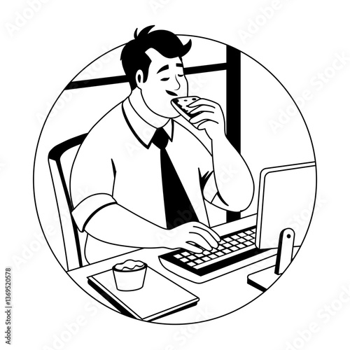 A man eating food during lunch break, glyph illustration 
