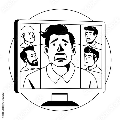 Overwhelmed online worker illustration in glyph style 
