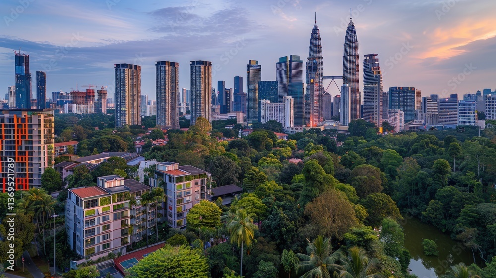 Obraz premium City skyline at dusk with skyscrapers, trees, and a river.