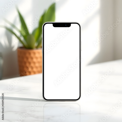 Minimalist Tech: An elegantly staged smartphone stands as a beacon of modernity, its blank screen promising endless possibilities, flanked by a potted plant in a soft-lit, uncluttered space.