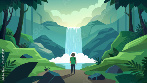 A person discovers a hidden waterfall tucked away in a lush forest the cool mist and calming sounds creating a sense of tranquility.. Vector illustration
