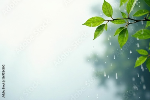 Gentle rainfall, fine mist, pristine white background, peaceful, detail
