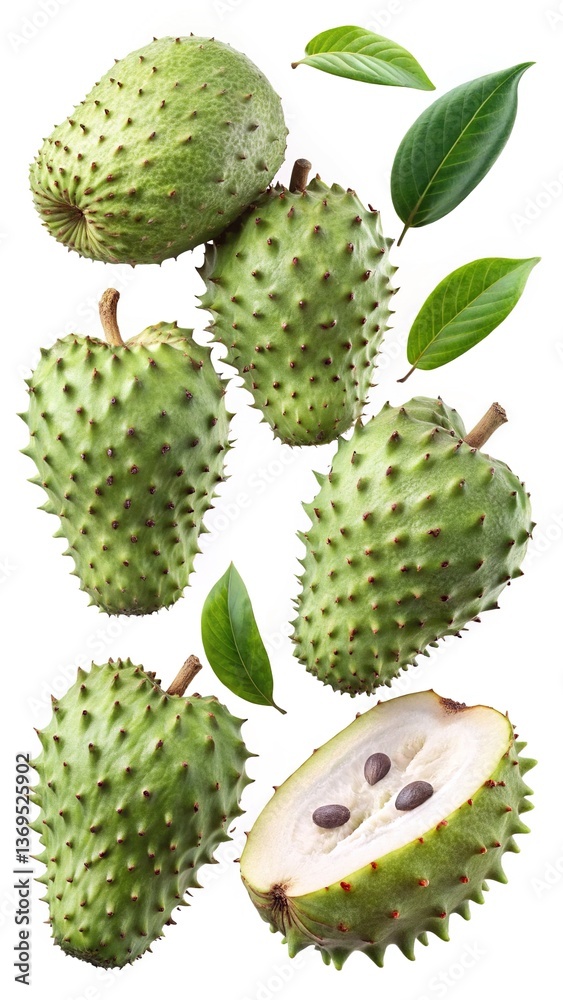 Floating Soursops with Green Leaves Isolated on White Background Delicious Tropical Fruit Floating Soursops with Green Leaves Isolated on White Background Delicious Tropical Fruit