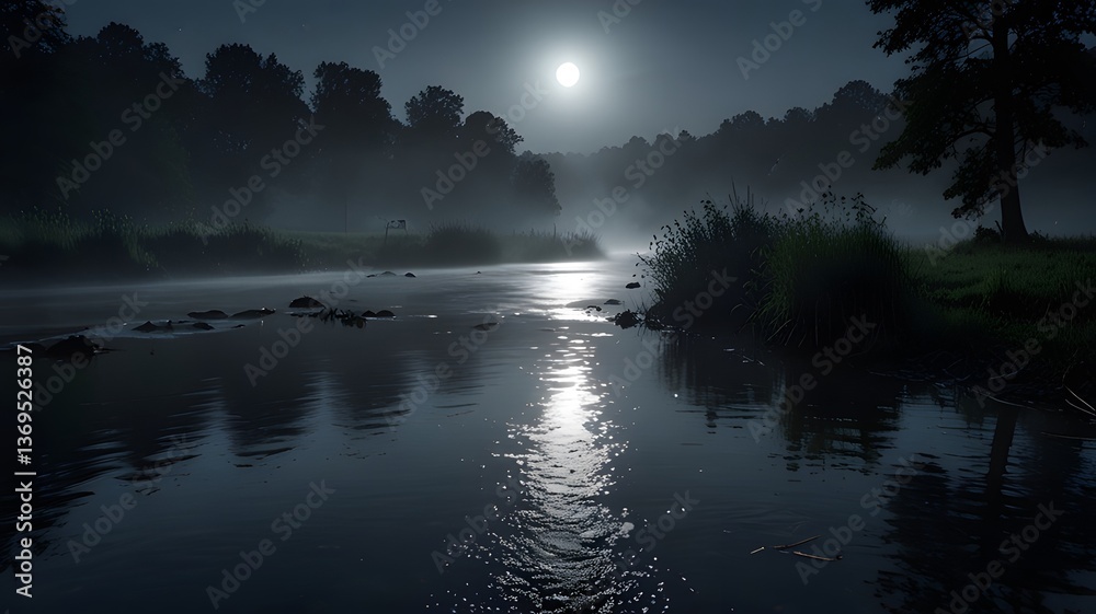 Fototapeta premium Misty Moonlight River at Night