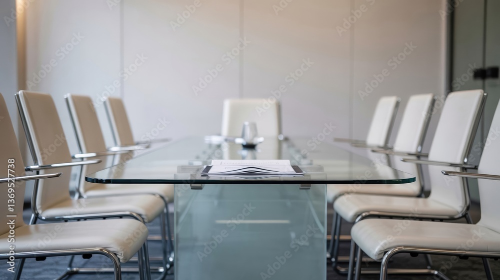 Fototapeta premium Negotiation room with empty chairs, symbolizing anticipation, strategic planning, and the potential for future agreements in a professional setting.