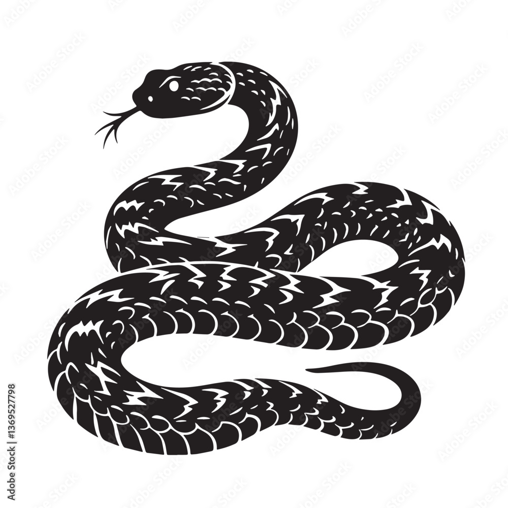 Fototapeta premium Black Rattlesnake Silhouette Vector, High Quality Illustration on White Background