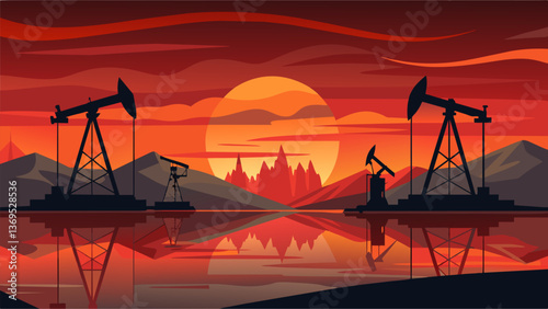 A tranquil evening scene with the deep reds and oranges of the sunset reflected against the metallic surfaces of the oil derricks.. Vector illustration