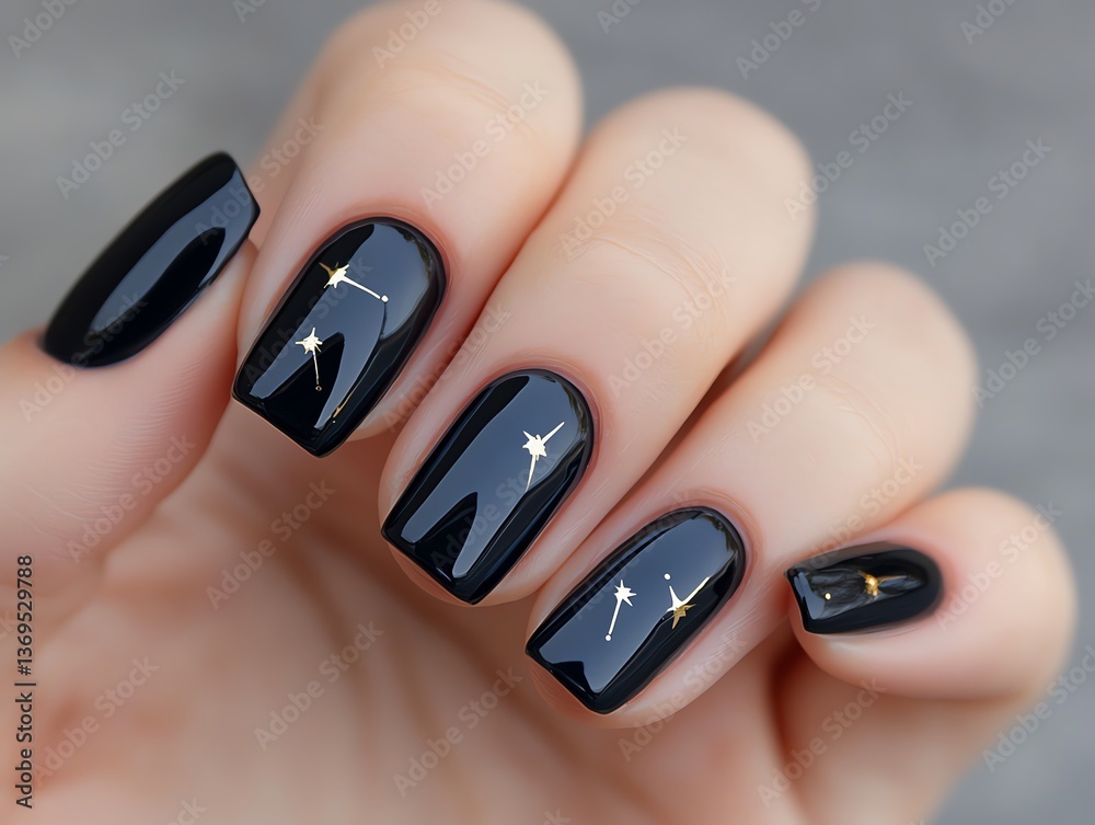 Fototapeta premium Crescent moons and star designs over deep midnight blue nails