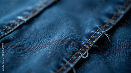 Focus on denim fabric with visible stitching and fraying edges in a classic indigo blue.