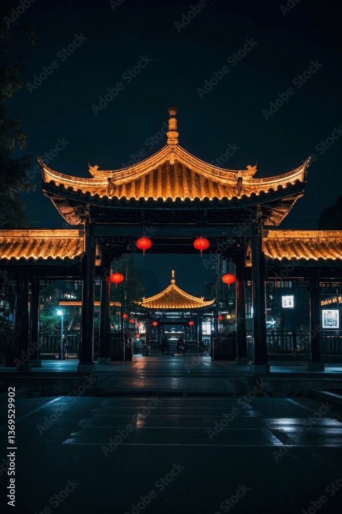 Fototapeta premium arafed asian style building with lanterns and a clock on the top