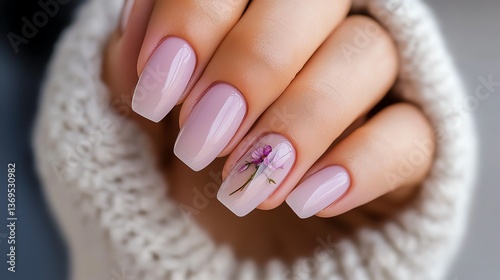 Soft lavender nails with delicate pressed flowers encapsulated in clear gel