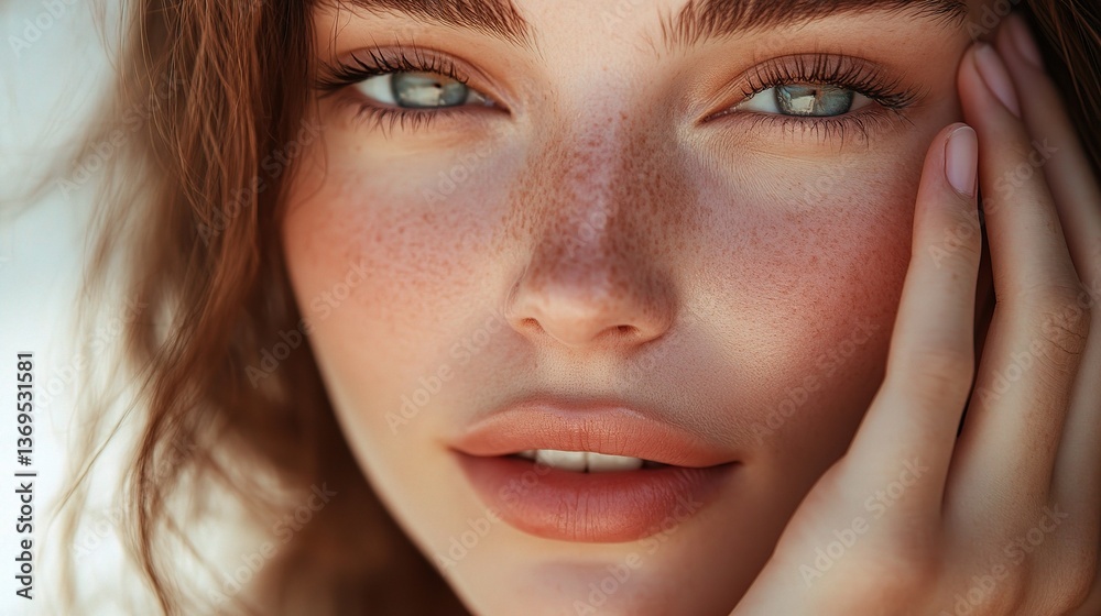 Obraz premium Close-Up of a Beautiful Woman's Natural Face with Freckles