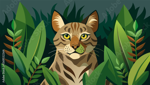 A rehabilitated bobcat cautiously peeking out from the bushes slowly adapting to its new freedom in the wild.. Vector illustration