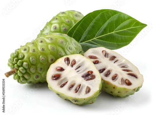Noni Fruit with Seeds Exposed. on Isolated White background, clipping path