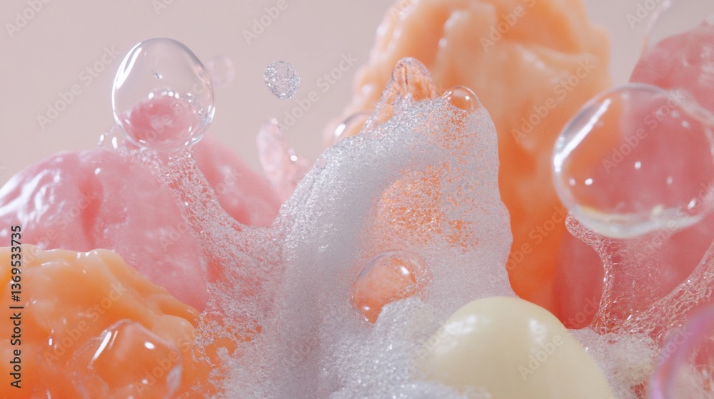 Fototapeta premium Abstract close-up view of colorful soap bubbles and foam.