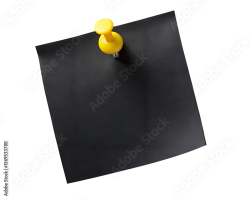 A mysterious black note pinned with a vibrant yellow thumbtack, hinting at a secret message or hidden thoughts, against a stark white background.