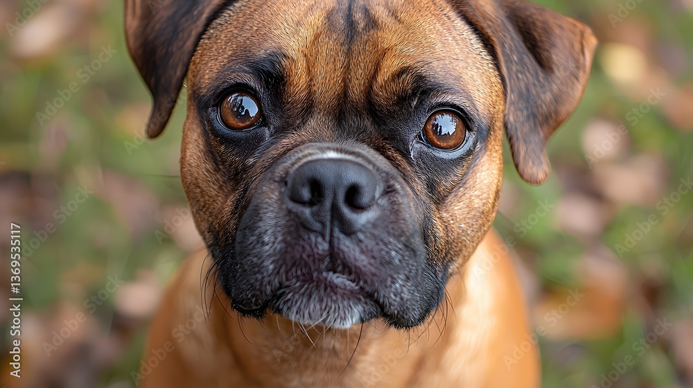 Fototapeta premium Boxer mix puppy, autumn leaves, outdoor portrait