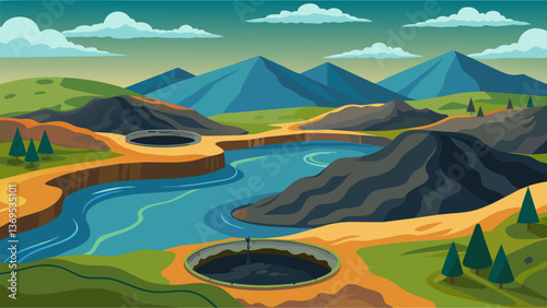Aerial view of the vast expanse of coal ash waste ponds looking like a unnatural and toxic landscape.. Vector illustration