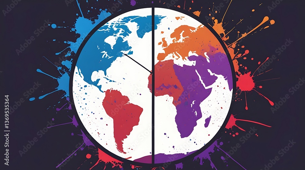 Fototapeta premium Creative world map pie chart with vibrant paint splashes, symbolizing global data, diversity, business analytics, economic trends, financial reports, and market research insights