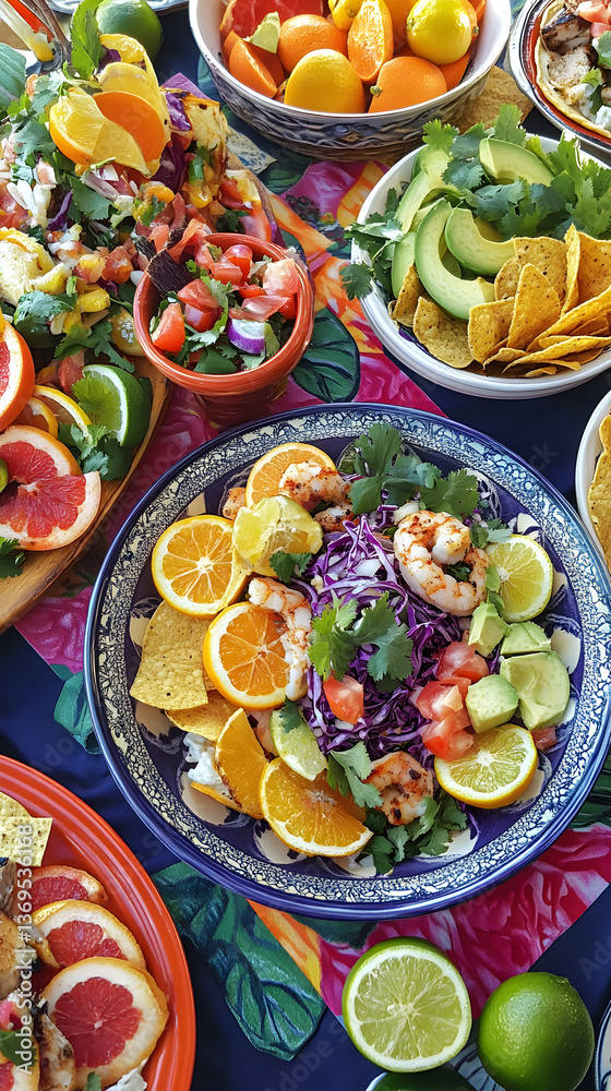 A Symphony of Zesty Delights: Citrus Salad, Tangy Shrimp Ceviche, and Spicy Chicken Tacos Adorned with Fresh Garnishes