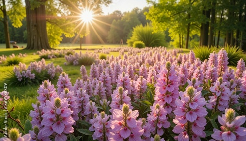 Wallpaper Mural Sunlight illuminating pink flowers in green park Torontodigital.ca